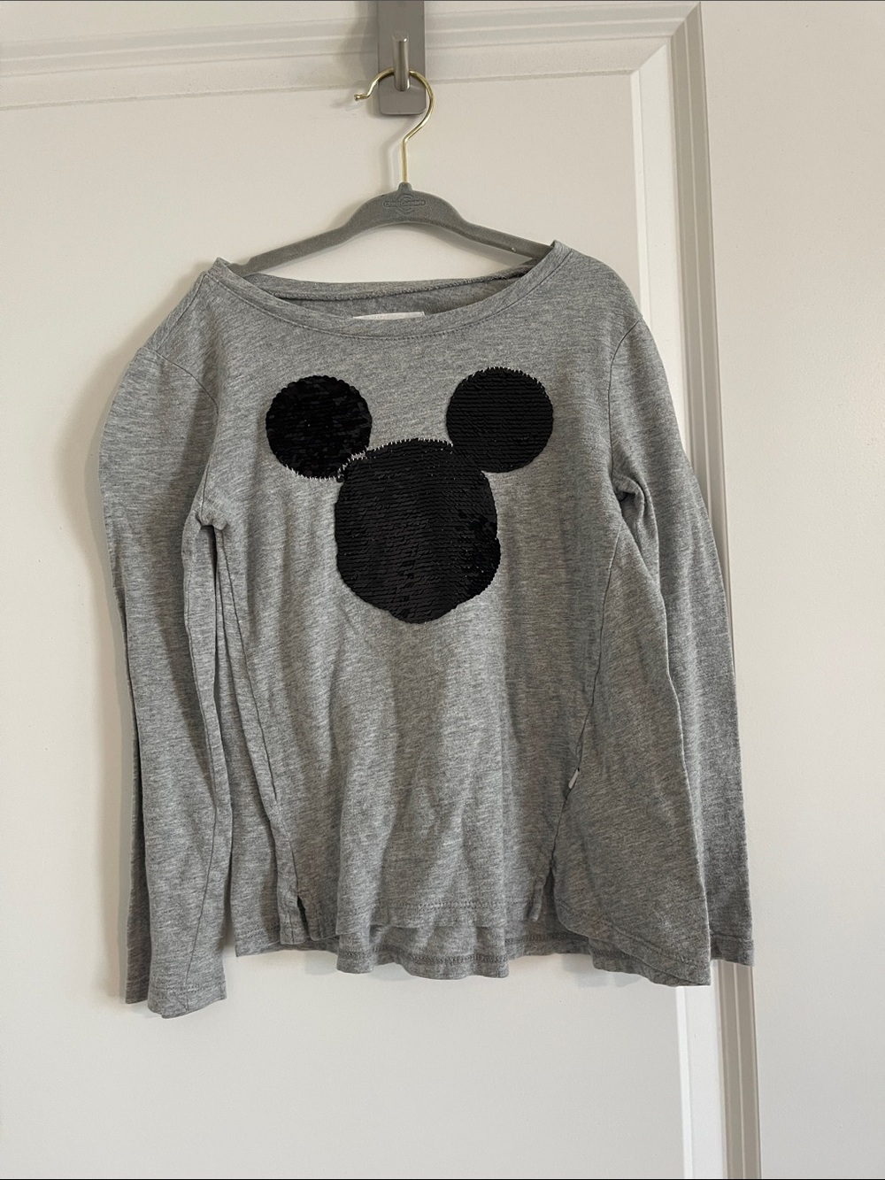 GAP Disney Gray Long-Sleeve Top with Black Sequin Mickey Mouse